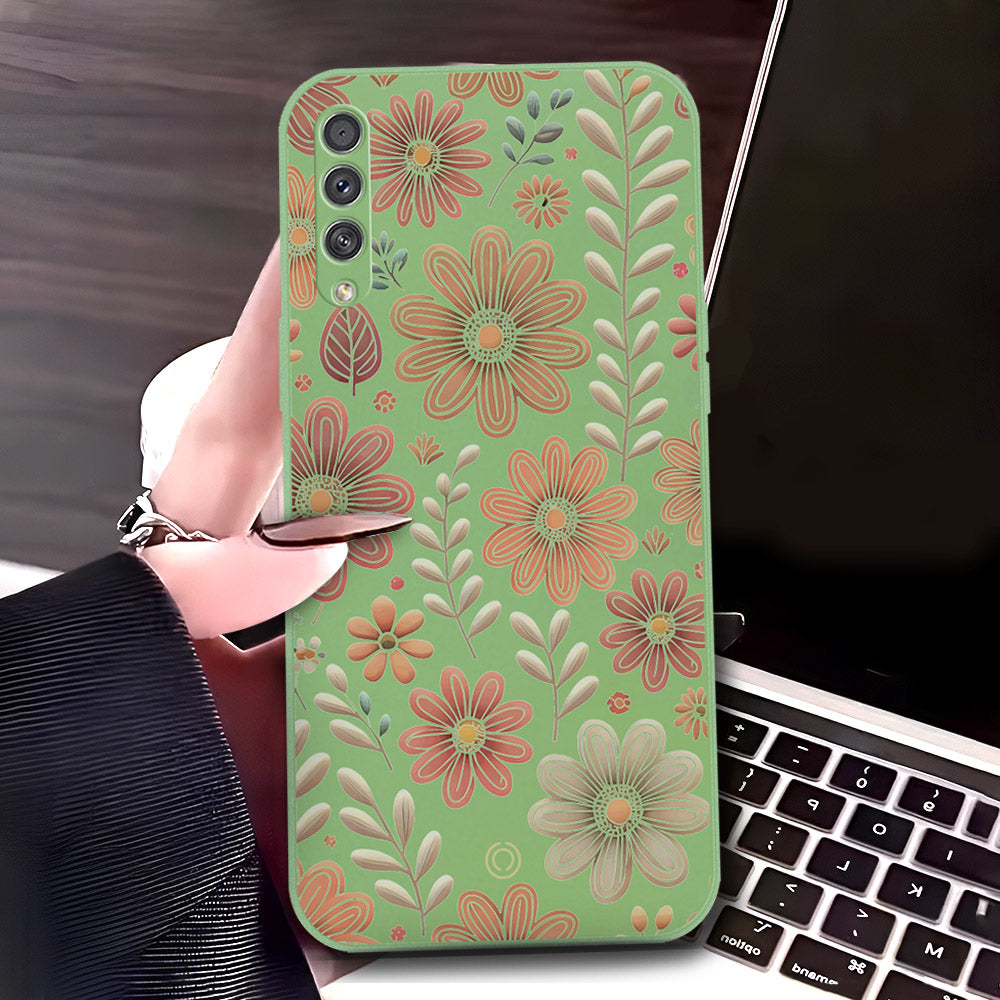 Samsung Galaxy A50 Cover - Light Green - D4 - ONation Floral Series - HQ Liquid Silicone Soft Case