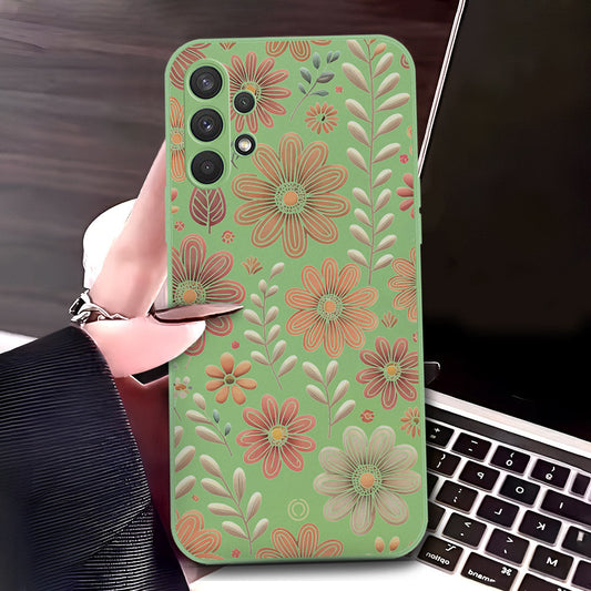 Samsung Galaxy A32 Cover - Light Green - D4 - ONation Floral Series - HQ Liquid Silicone Soft Case