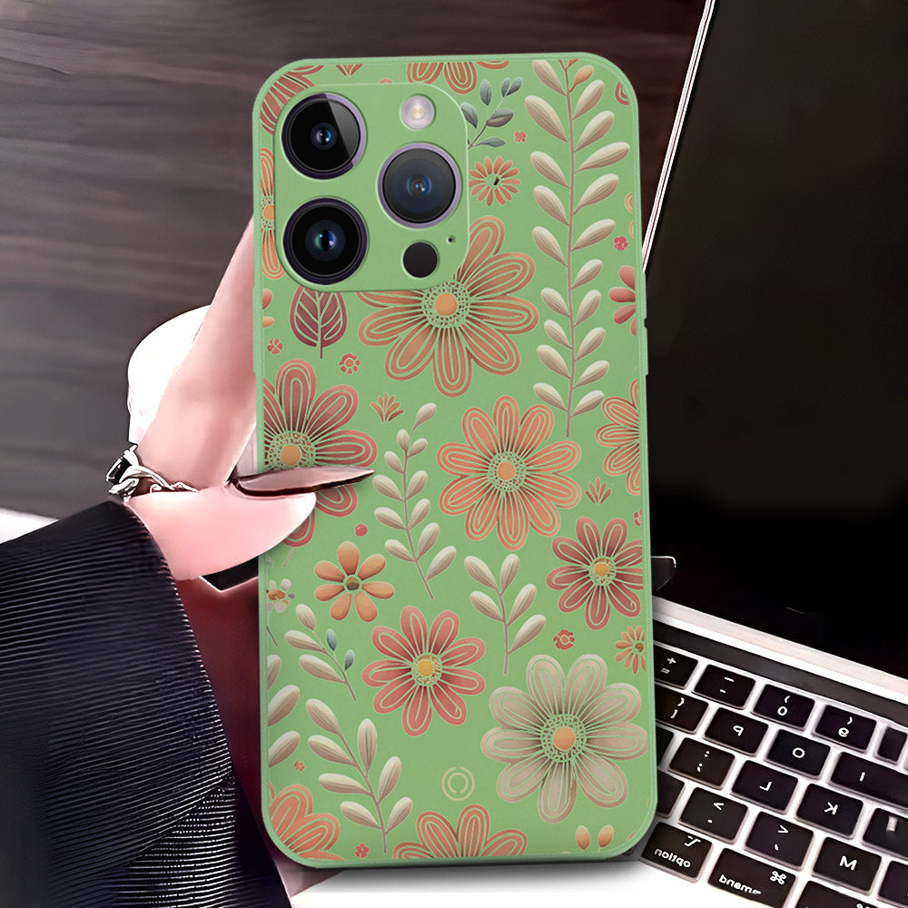 iPhone 14 Pro Cover - Light Green - D4 - ONation Floral Series - HQ Liquid Silicone Soft Case