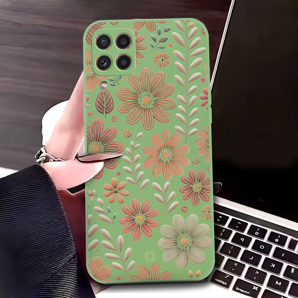 Samsung Galaxy A22 Cover - Light Green - D4 - ONation Floral Series - HQ Liquid Silicone Soft Case