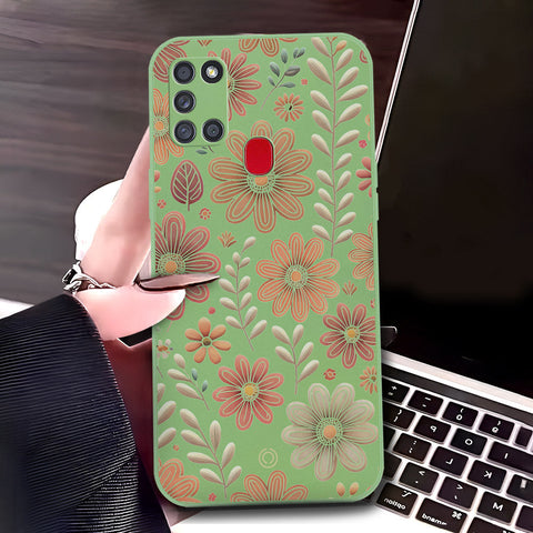 Samsung Galaxy A21s Cover - Light Green - D4 - ONation Floral Series - HQ Liquid Silicone Soft Case