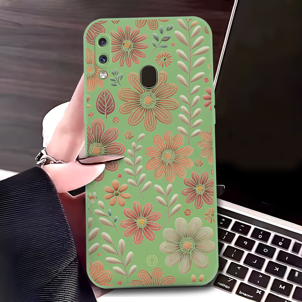 Samsung Galaxy A20 Cover - Light Green - D4 - ONation Floral Series - HQ Liquid Silicone Soft Case