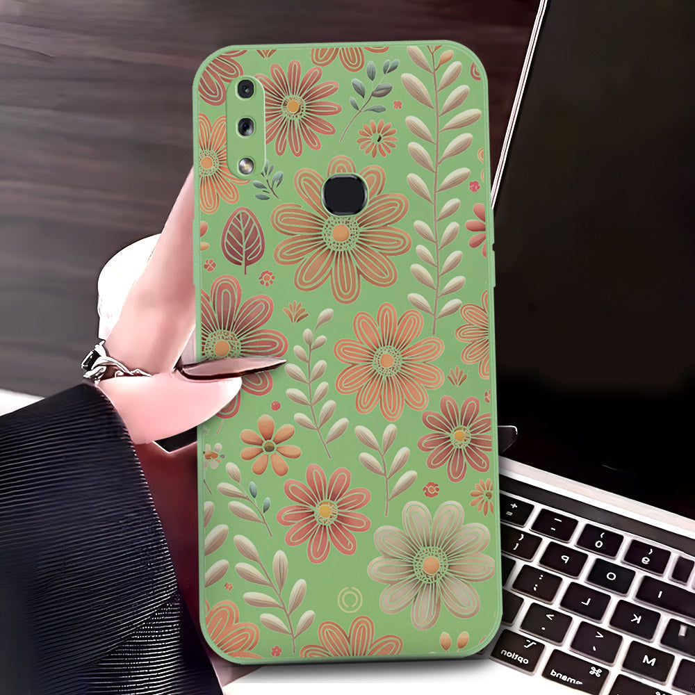 Samsung Galaxy A10s Cover - Light Green - D4 - ONation Floral Series - HQ Liquid Silicone Soft Case