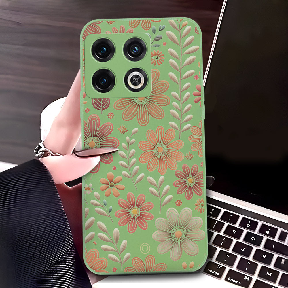 OnePlus 10 Pro Cover - Light Green - D4 - ONation Floral Series - HQ Liquid Silicone Soft Case