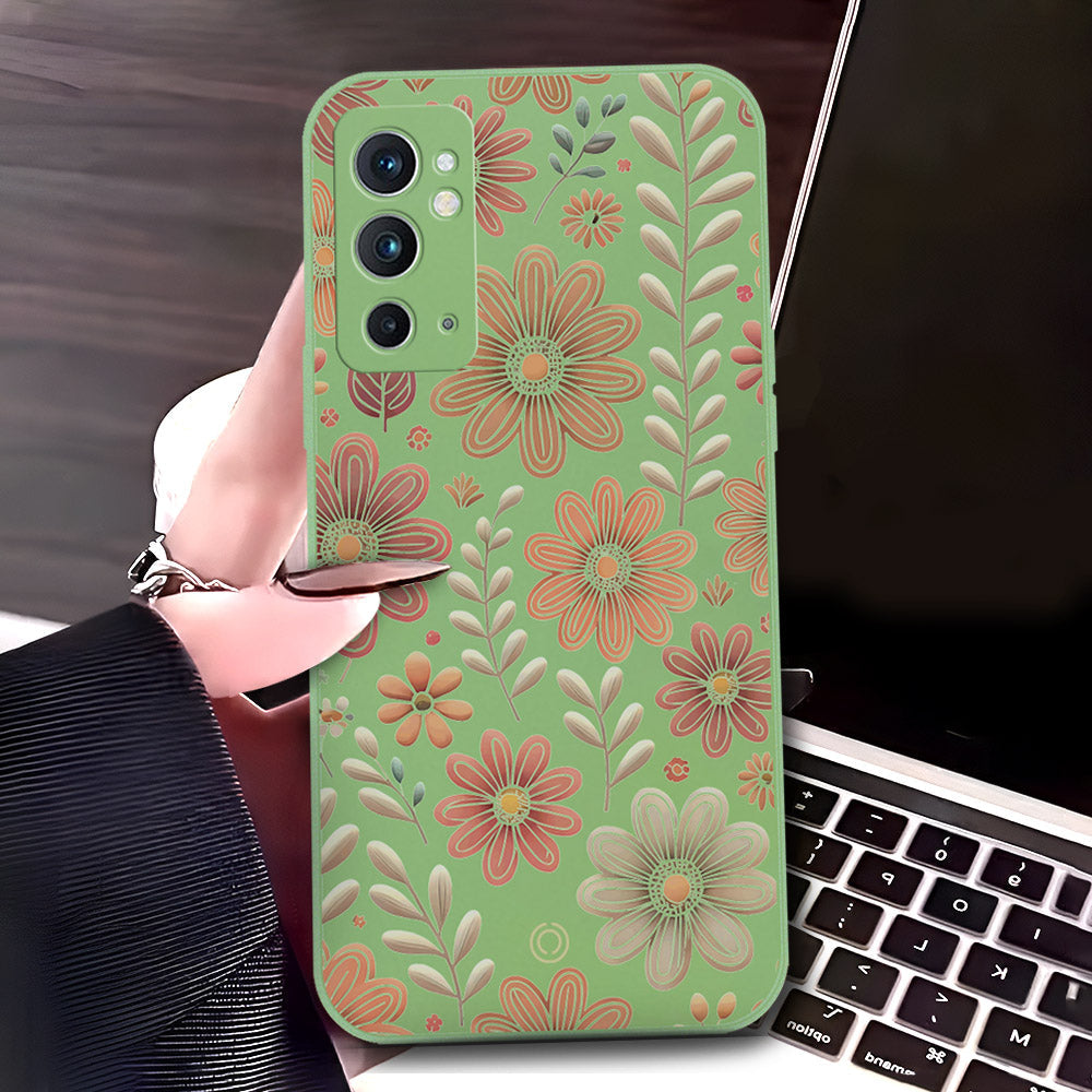 OnePlus 9RT 5G Cover - Light Green - D4 - ONation Floral Series - HQ Liquid Silicone Soft Case