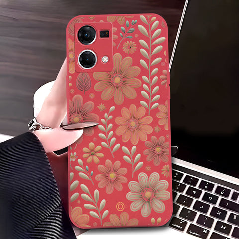 Oppo Reno 7 4G Cover - Red - D4 - ONation Floral Series - HQ Liquid Silicone Soft Case