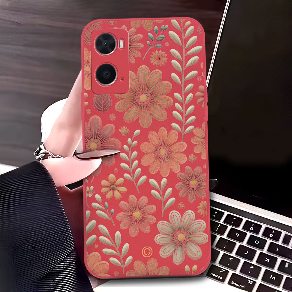 Oppo A76 Cover - Red - D4 - ONation Floral Series - HQ Liquid Silicone Soft Case