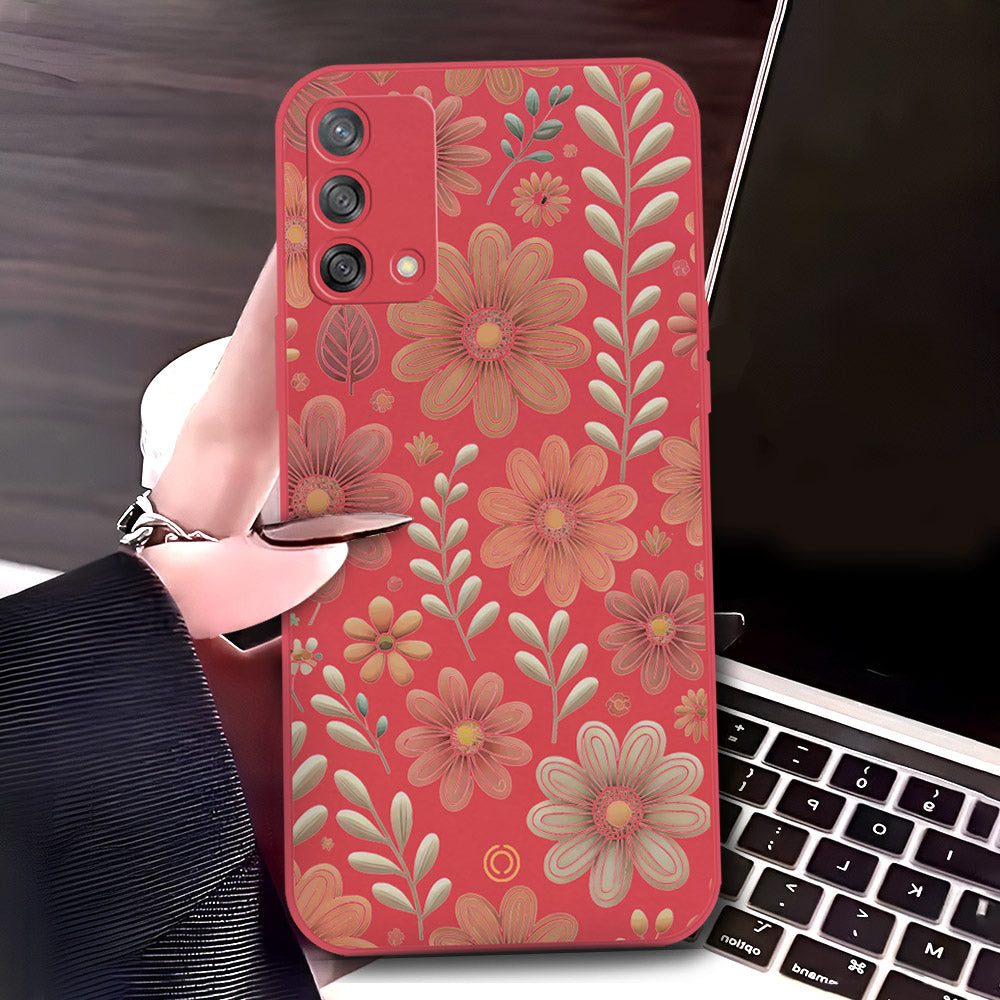 Oppo A74 Cover - Red - D4 - ONation Floral Series - HQ Liquid Silicone Soft Case