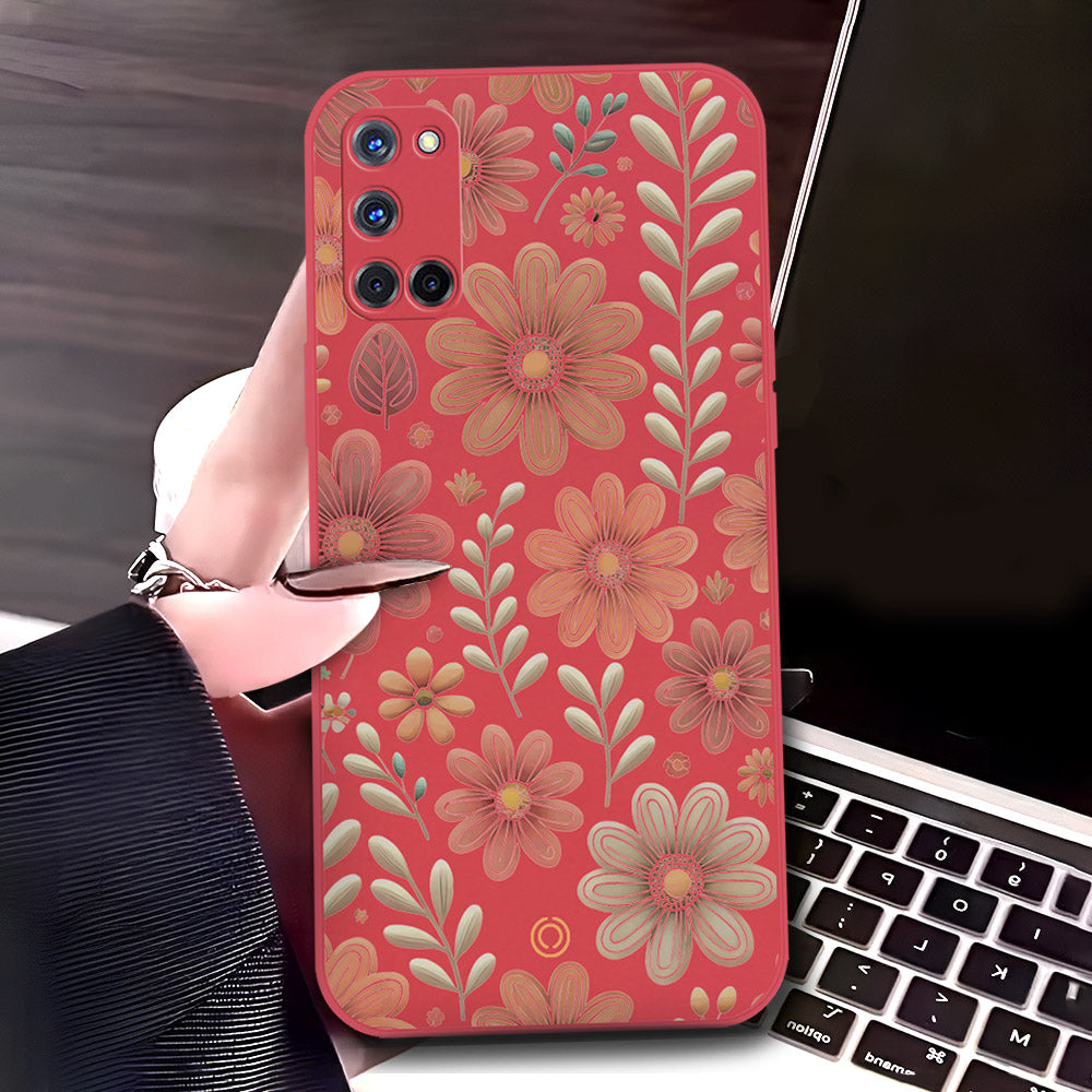 Oppo A52 Cover - Red - D4 - ONation Floral Series - HQ Liquid Silicone Soft Case