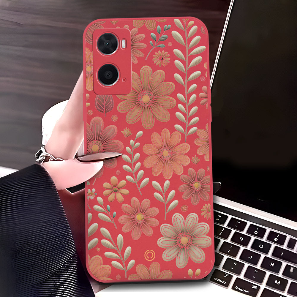 Oppo A36 Cover - Red - D4 - ONation Floral Series - HQ Liquid Silicone Soft Case