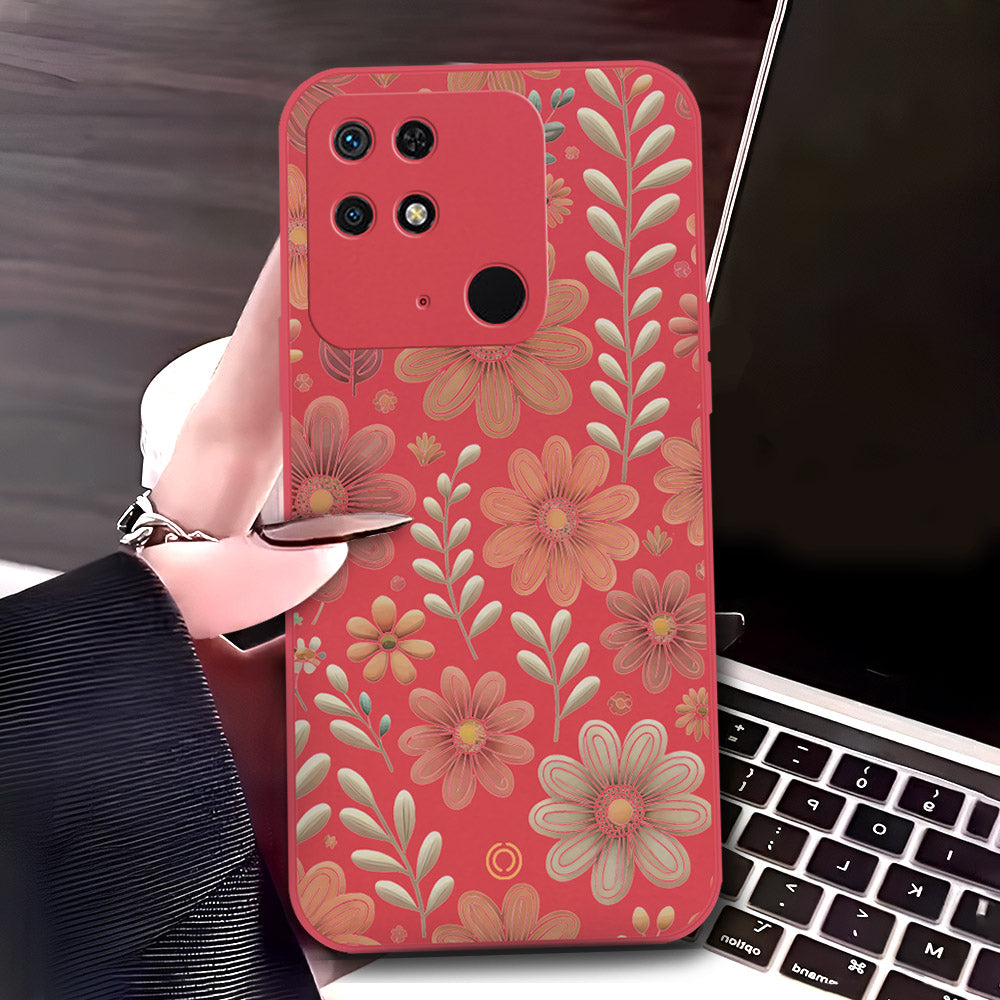 Xiaomi Redmi 10C Cover - Red - D4 - ONation Floral Series - HQ Liquid Silicone Soft Case