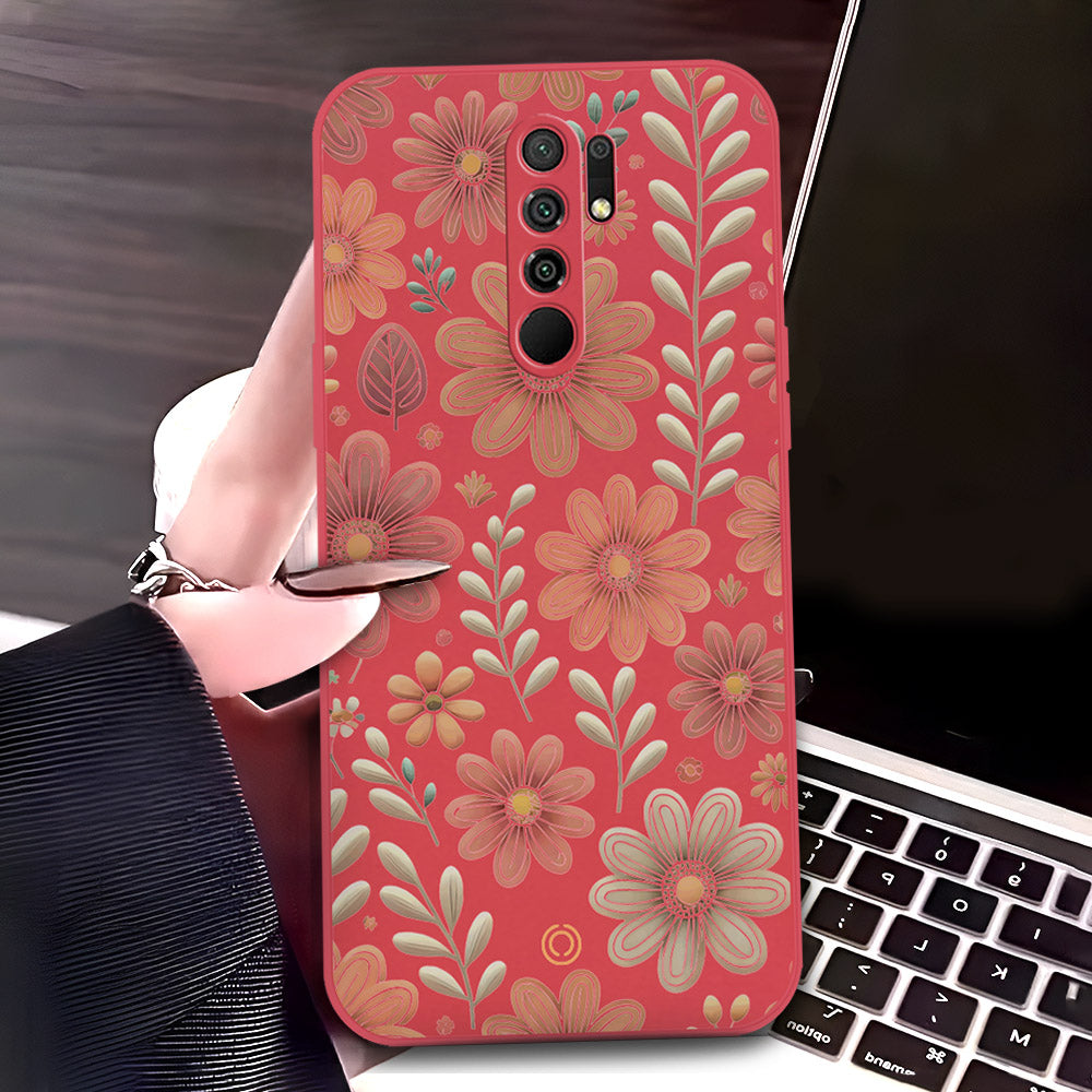 Xiaomi Redmi 9 Cover - Red - D4 - ONation Floral Series - HQ Liquid Silicone Soft Case