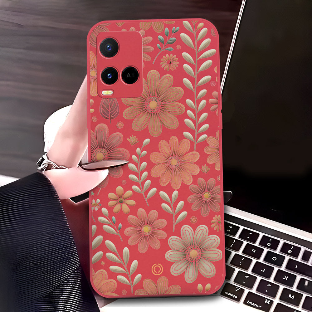 Vivo Y33s Cover - Red - D4 - ONation Floral Series - HQ Liquid Silicone Soft Case