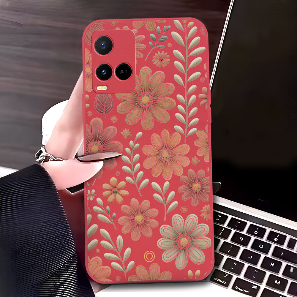 Vivo Y21 Cover - Red - D4 - ONation Floral Series - HQ Liquid Silicone Soft Case