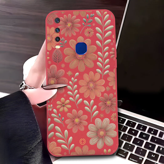 Vivo Y17 Cover - Red - D4 - ONation Floral Series - HQ Liquid Silicone Soft Case