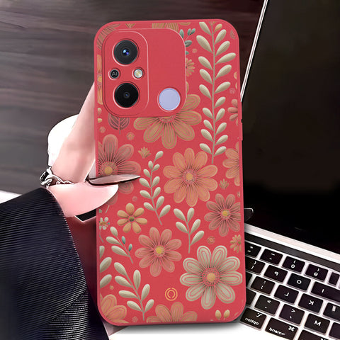 Xiaomi Redmi 12C Cover - Red - D4 - ONation Floral Series - HQ Liquid Silicone Soft Case