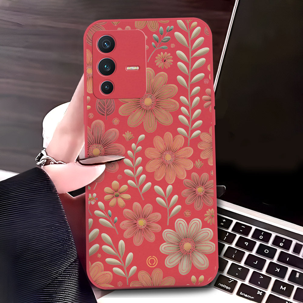 Vivo V23 5G Cover - Red - D4 - ONation Floral Series - HQ Liquid Silicone Soft Case