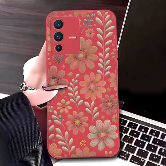 Vivo V23 5G Cover - Red - D4 - ONation Floral Series - HQ Liquid Silicone Soft Case