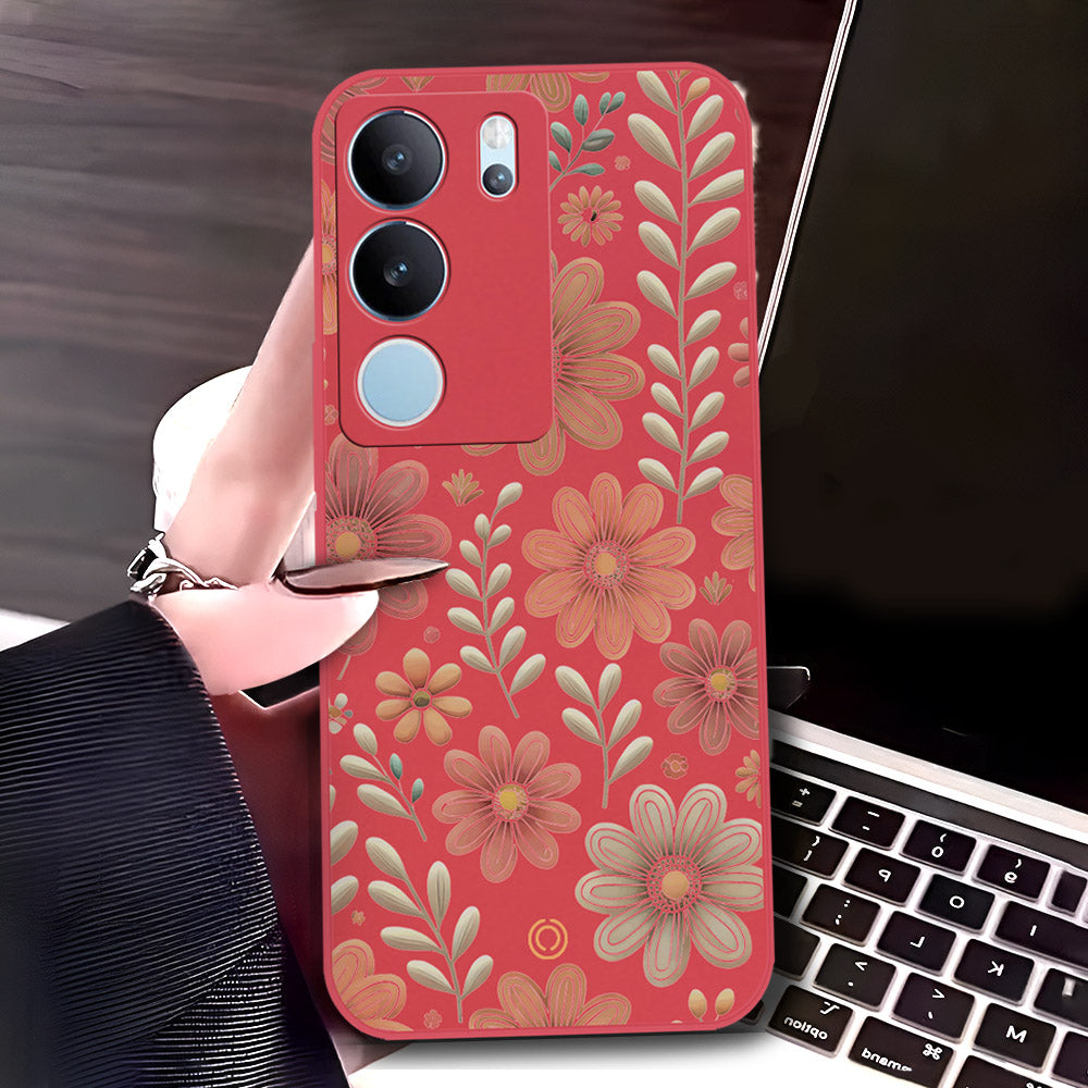 Vivo V29 Cover - Red - D4 - ONation Floral Series - HQ Liquid Silicone Soft Case