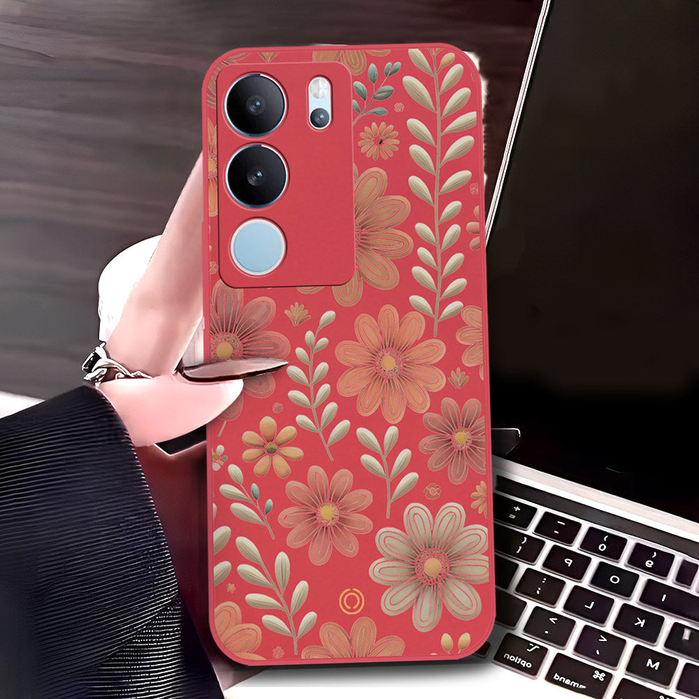Vivo V29 Pro Cover - Red - D4 - ONation Floral Series - HQ Liquid Silicone Soft Case