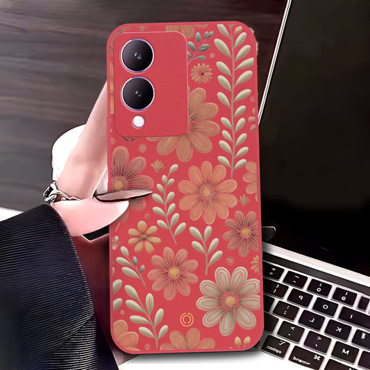 Vivo Y17s Cover - Red - D4 - ONation Floral Series - HQ Liquid Silicone Soft Case