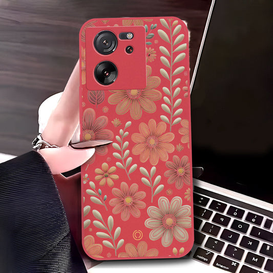 Xiaomi 13T Cover - Red - D4 - ONation Floral Series - HQ Liquid Silicone Soft Case