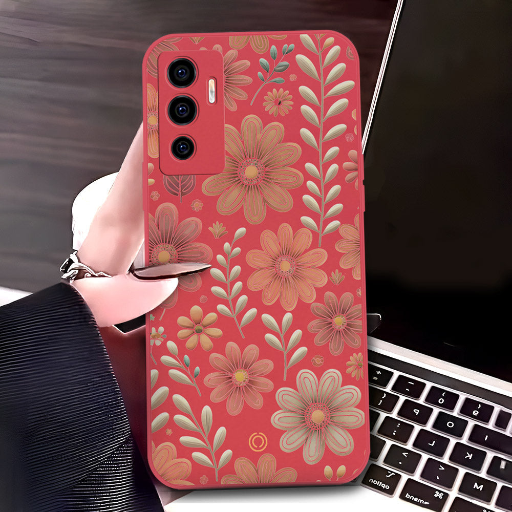Vivo V23e Cover - Red - D4 - ONation Floral Series - HQ Liquid Silicone Soft Case