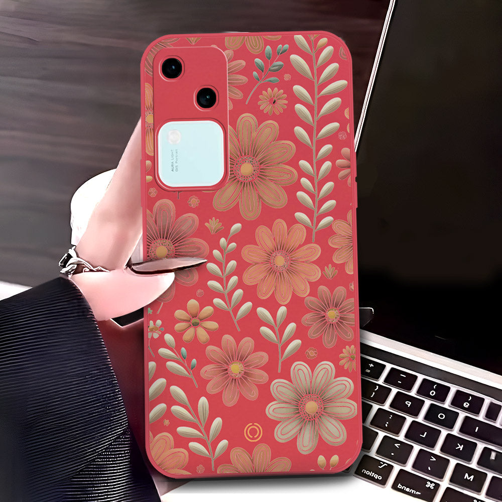 Vivo V30 Cover - Red - D4 - ONation Floral Series - HQ Liquid Silicone Soft Case
