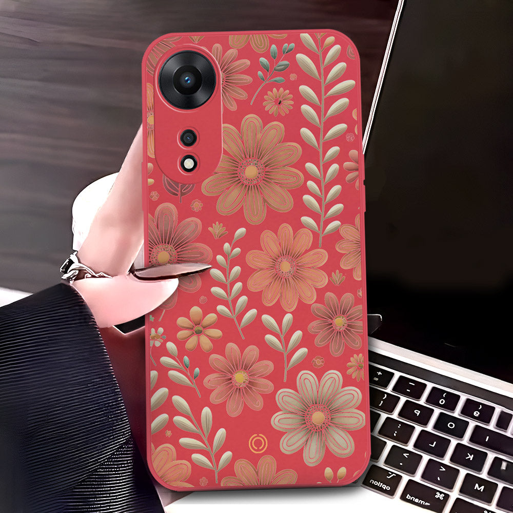 Oppo A58 4G Cover - Red - D4 - ONation Floral Series - HQ Liquid Silicone Soft Case