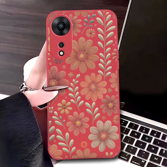 Oppo A58 4G Cover - Red - D4 - ONation Floral Series - HQ Liquid Silicone Soft Case