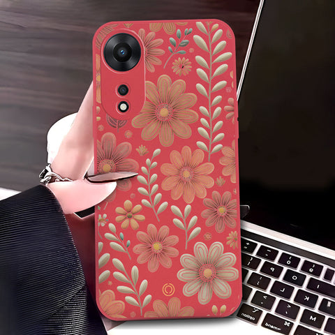 Oppo A58 4G Cover - Red - D4 - ONation Floral Series - HQ Liquid Silicone Soft Case