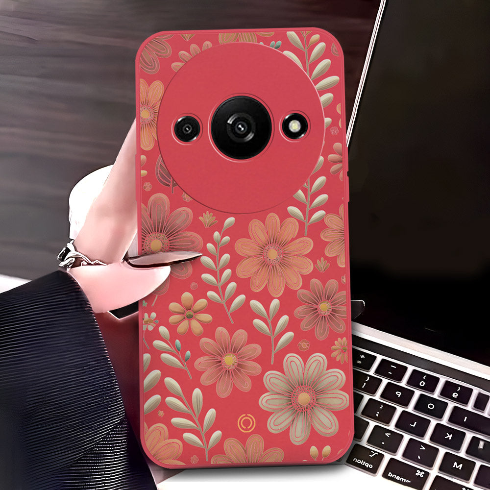 Xiaomi Redmi A3 Cover - Red - D4 - ONation Floral Series - HQ Liquid Silicone Soft Case