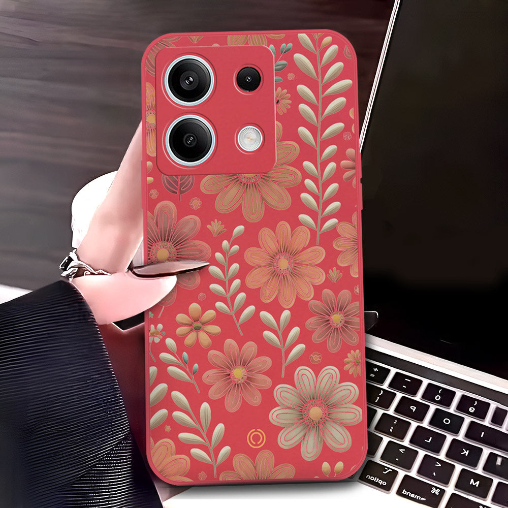 Xiaomi Redmi Note 13 Cover - Red - D4 - ONation Floral Series - HQ Liquid Silicone Soft Case