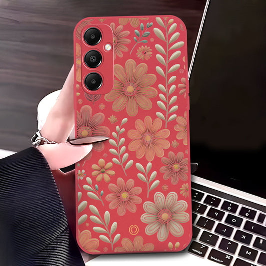 Samsung Galaxy A15 5G Cover - Red - D4 - ONation Floral Series - HQ Liquid Silicone Soft Case