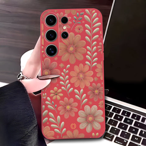 Samsung Galaxy S24 Ultra Cover - Red - D4 - ONation Floral Series - HQ Liquid Silicone Soft Case