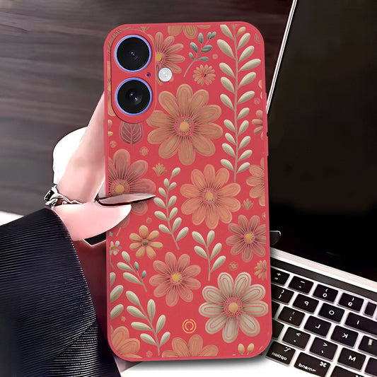 iPhone 16 Cover - Red - D4 - ONation Floral Series - HQ Liquid Silicone Soft Case