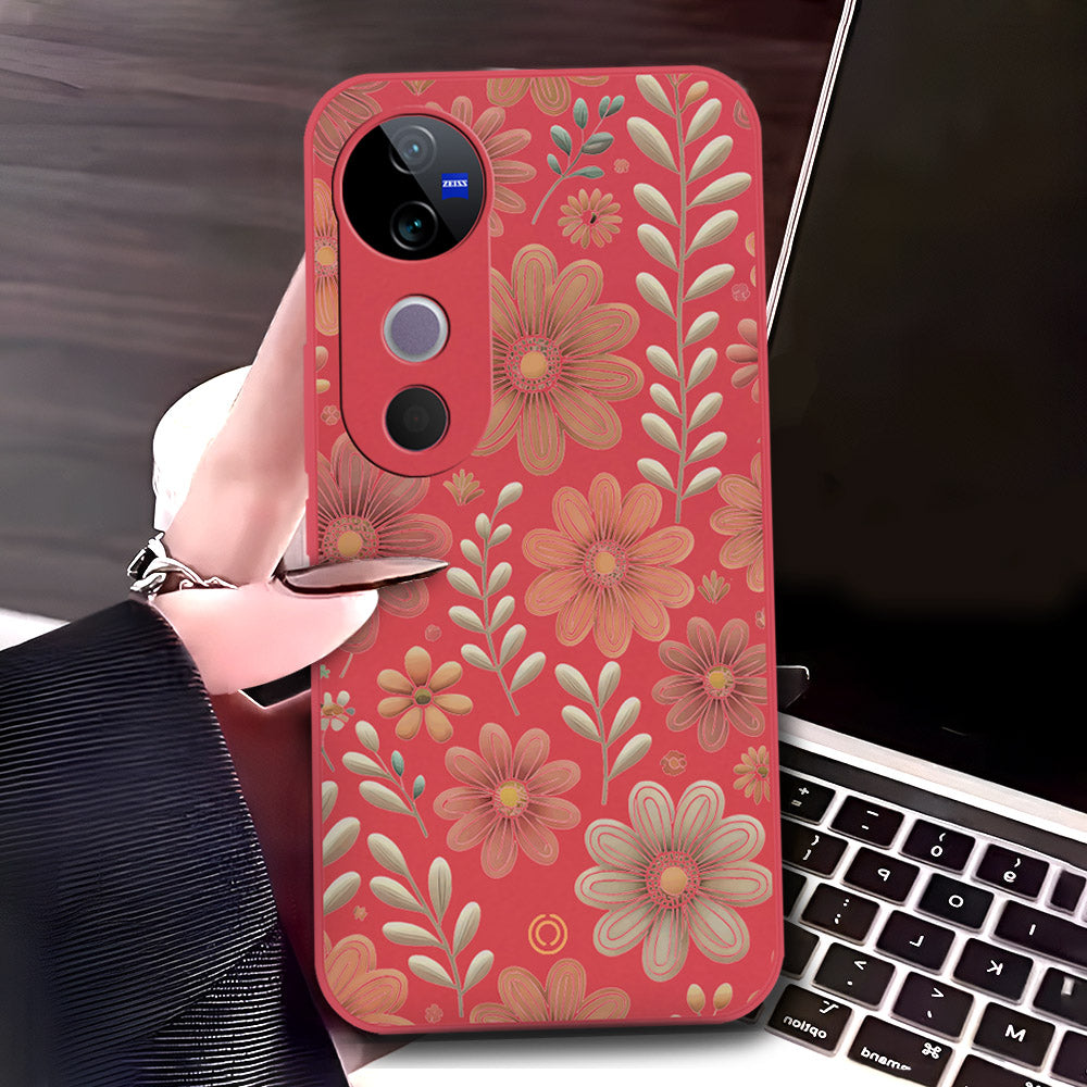 Vivo V40 Cover - Red - D4 - ONation Floral Series - HQ Liquid Silicone Soft Case