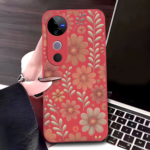 Vivo V40 Cover - Red - D4 - ONation Floral Series - HQ Liquid Silicone Soft Case