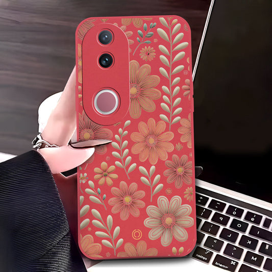 Vivo V50 Cover - Red - D4 - ONation Floral Series - HQ Liquid Silicone Soft Case