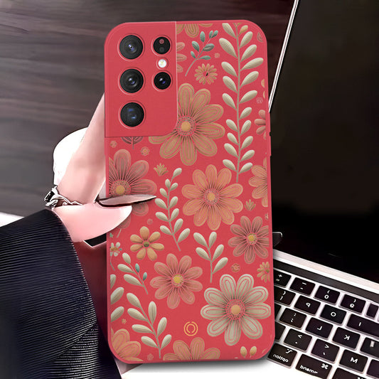 Samsung Galaxy S21 Ultra 5G Cover - Red - D4 - ONation Floral Series - HQ Liquid Silicone Soft Case