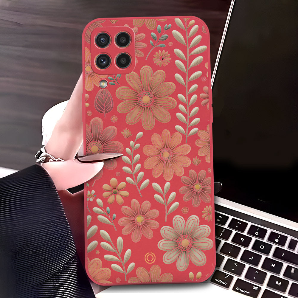 Samsung Galaxy M32 Cover - Red - D4 - ONation Floral Series - HQ Liquid Silicone Soft Case