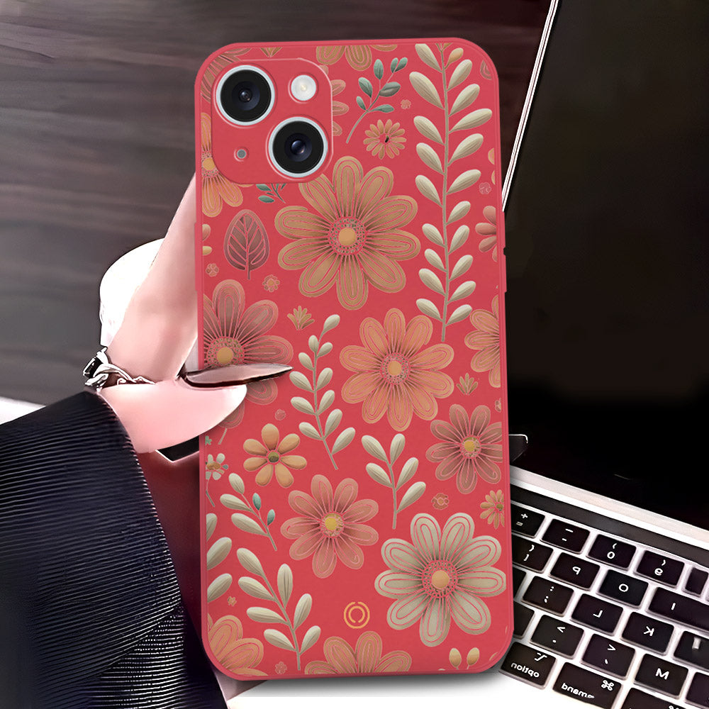 iPhone 15 Cover - Red - D4 - ONation Floral Series - HQ Liquid Silicone Soft Case