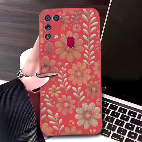 Samsung Galaxy M31 Cover - Red - D4 - ONation Floral Series - HQ Liquid Silicone Soft Case