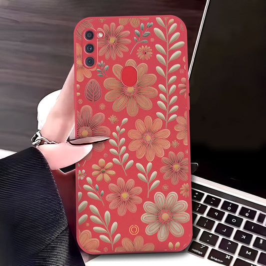 Samsung Galaxy M11 Cover - Red - D4 - ONation Floral Series - HQ Liquid Silicone Soft Case