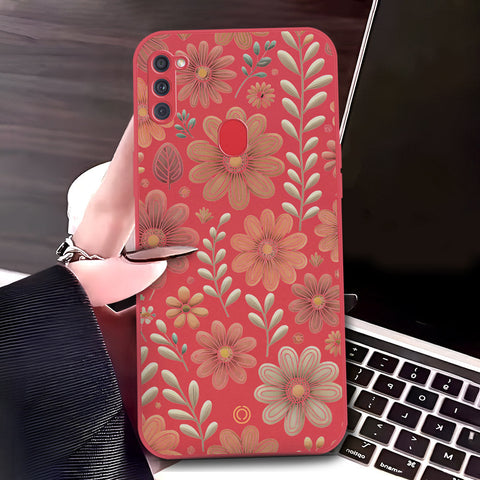 Samsung Galaxy M11 Cover - Red - D4 - ONation Floral Series - HQ Liquid Silicone Soft Case