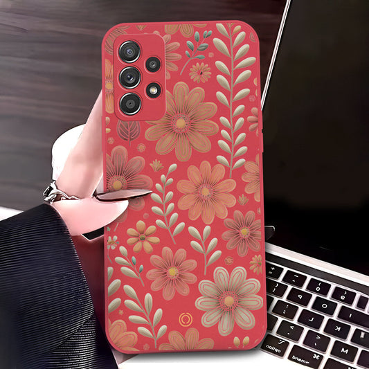 Samsung Galaxy A52 Cover - Red - D4 - ONation Floral Series - HQ Liquid Silicone Soft Case
