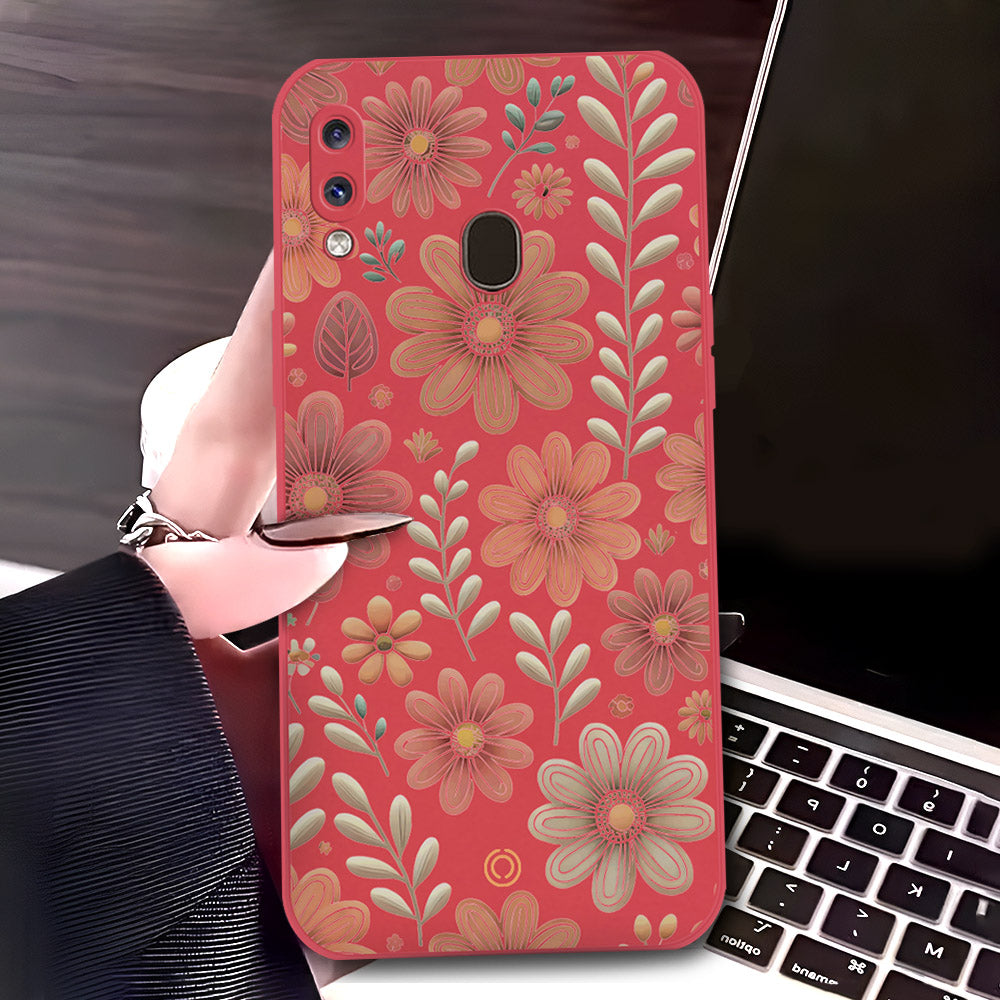 Samsung Galaxy A30 Cover - Red - D4 - ONation Floral Series - HQ Liquid Silicone Soft Case