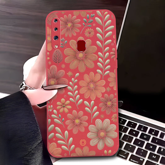 Samsung Galaxy A20s Cover - Red - D4 - ONation Floral Series - HQ Liquid Silicone Soft Case