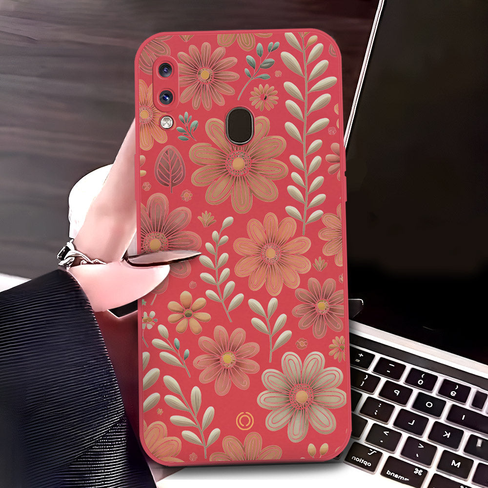 Samsung Galaxy A20 Cover - Red - D4 - ONation Floral Series - HQ Liquid Silicone Soft Case