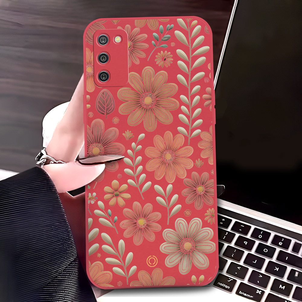 Samsung Galaxy A03s Cover - Red - D4 - ONation Floral Series - HQ Liquid Silicone Soft Case